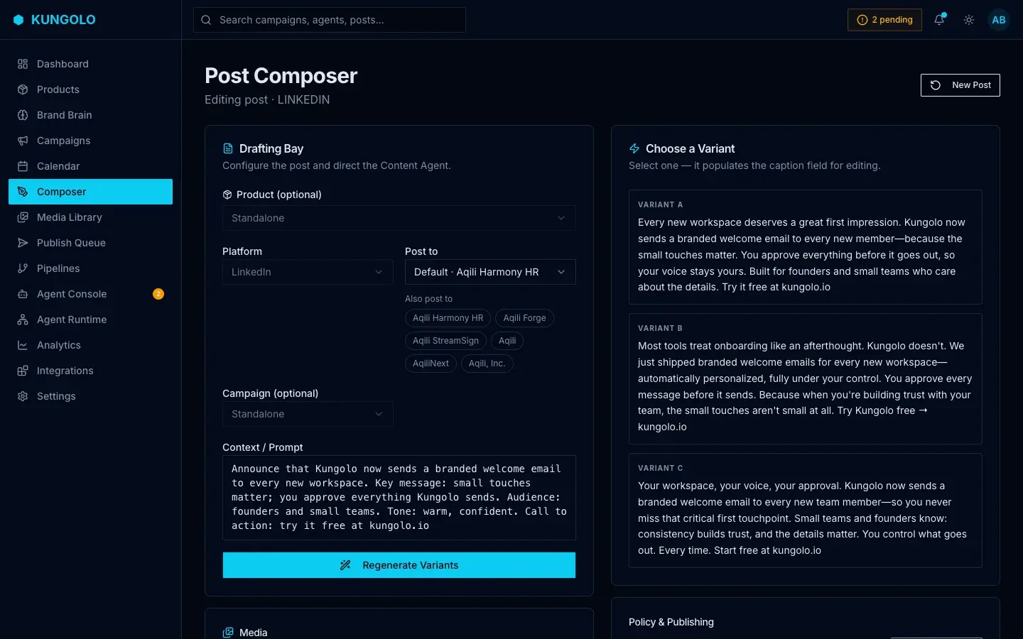 Kungolo post composer with a LinkedIn drafting prompt and three caption variants to choose from.