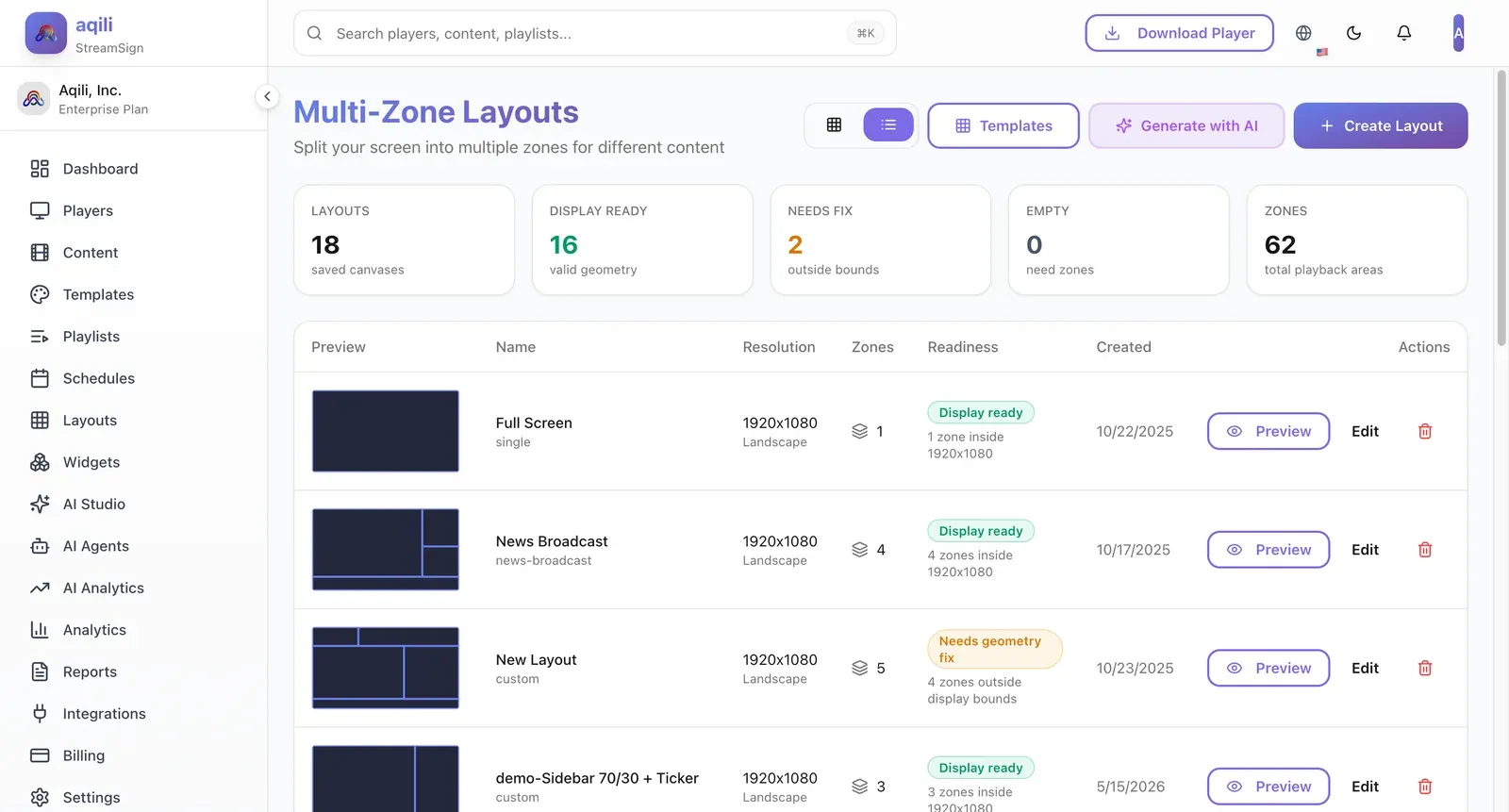 StreamSign layout library with multi-zone screen previews, resolutions, zone counts and readiness status.