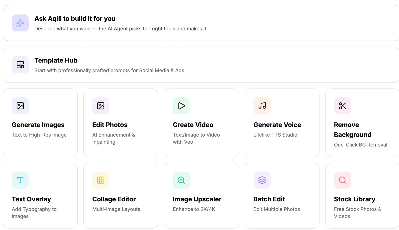 Aqili Forge workspace with an agent prompt, Template Hub and image, photo, video and voice creation tools.