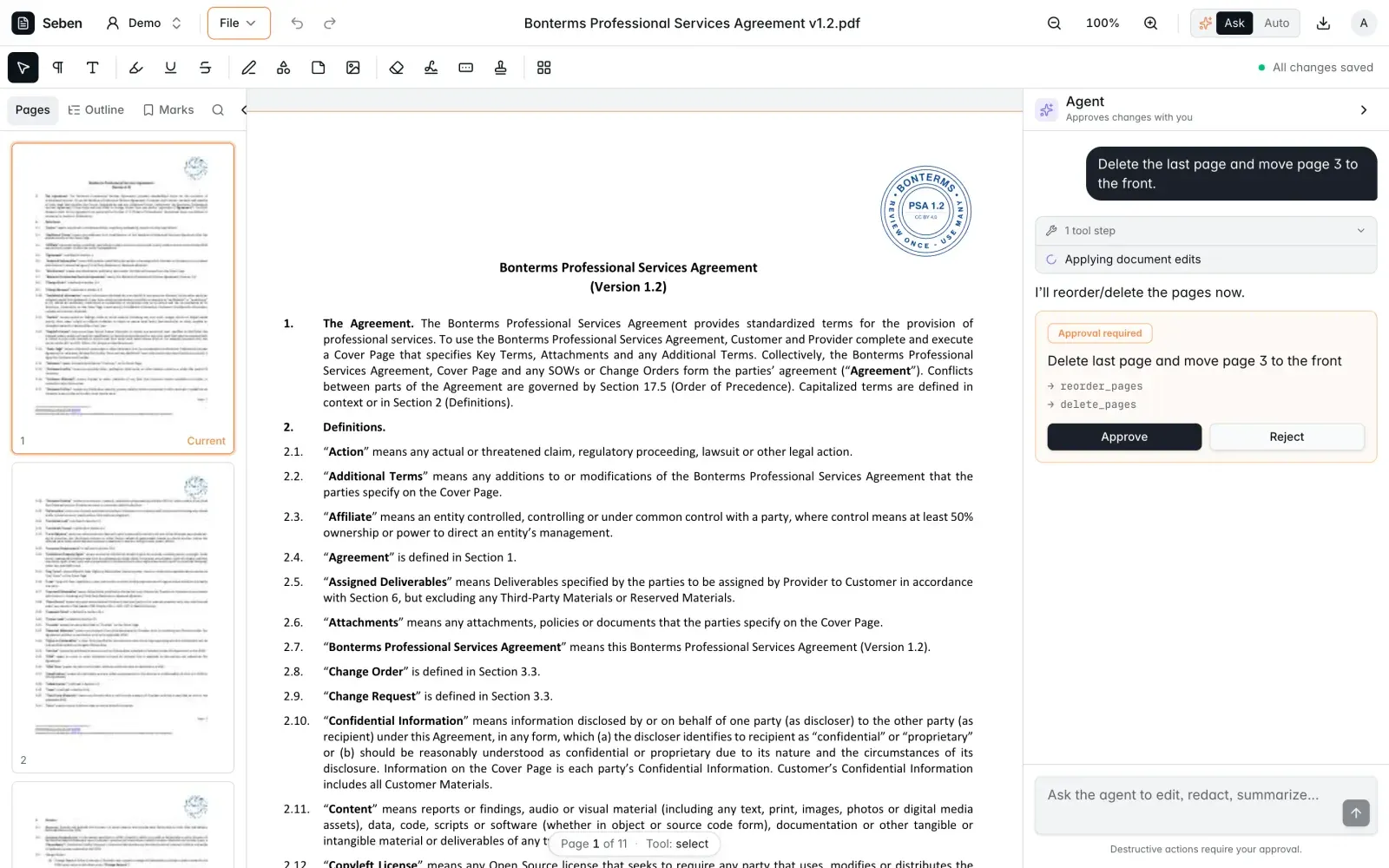 Seben PDF editor showing an agent's proposed page changes with Approve and Reject buttons.